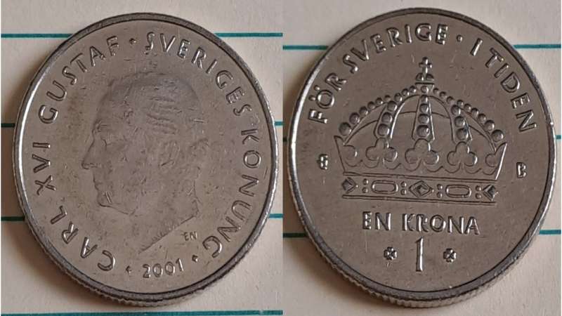 2001 - Sweden  -  AU/UNC - 1 KR - Royal crown of Sweden - Demonetised Jun 2017 - Copper-nickel