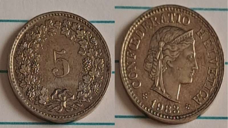 1983 - Switzerland - 5 Rappen - Head of Libertas  - Demonetised -  No - Aluminium bronze 