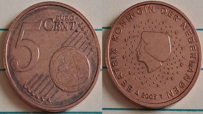 2005 - Netherlands - 5 Euro Cent - Queen Beatrix of the Netherland - Demonetised - No - Copper plat