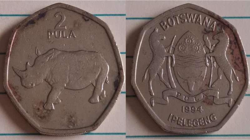 1994 - Botswana - 2 - White rhinoceros - Demonetised Jul 2014 - Nickel brass