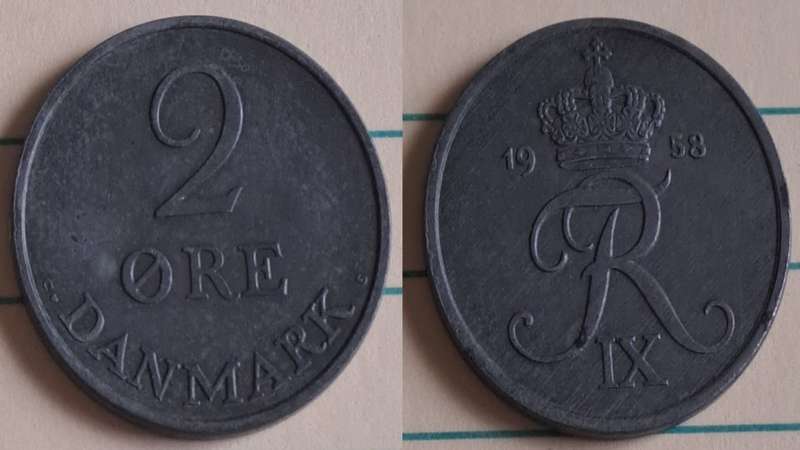 1958 - Denmark - 2 - Crowned Frederik IX monogram - Demonetised Mar 1973 - Zinc