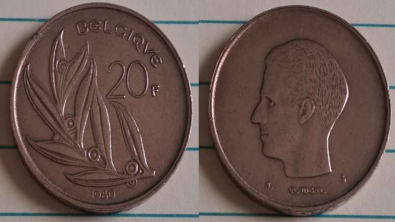 1980 - Belgium - 20 - King Baudouin  - Demonetised Feb 2002 - Nickel brass