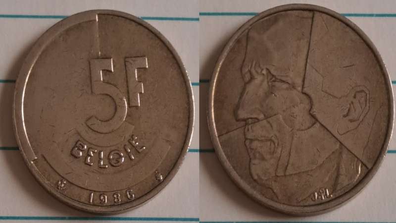 1986 - Belgium - 5 - King Baudouin  - Demonetised Feb 2002 - Copper-aluminium-nickel