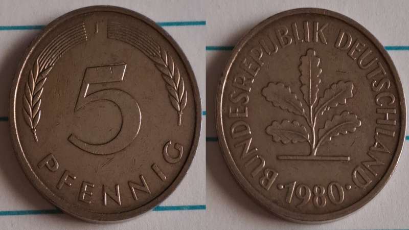 1980 J - Germany (Deutche Bundes Republic) - 5 - Oak seedling - Demonetised Dec 2001 - Brass clad s
