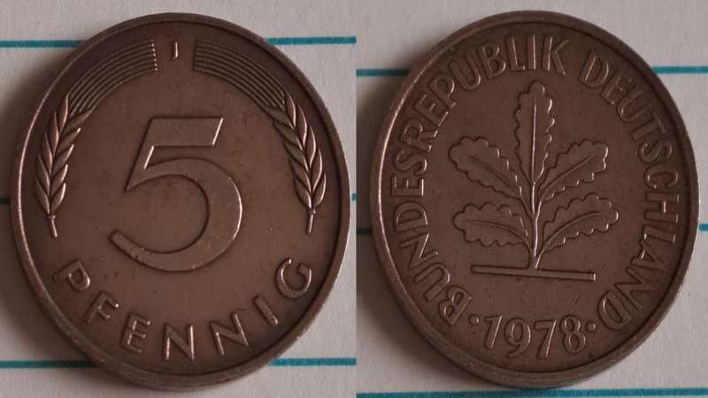 1978 J - Germany (Deutche Bundes Republic) - 5 - Oak seedling - Demonetised Dec 2001 - Brass clad s