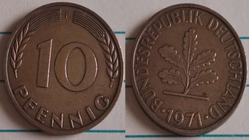 1971 F - Germany (Deutche Bundes Republic) - 10 - Oak seedling - Demonetised Dec 2001 - Brass clad