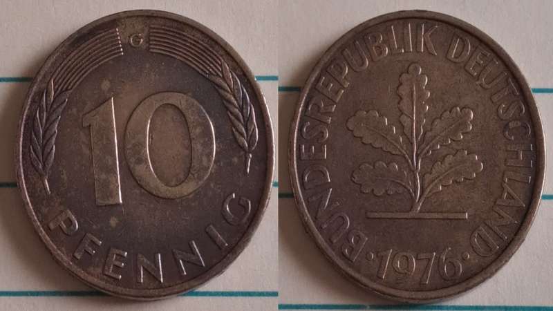1976 G - Germany (Deutche Bundes Republic) - 10 - Oak seedling - Demonetised Dec 2001 - Brass clad