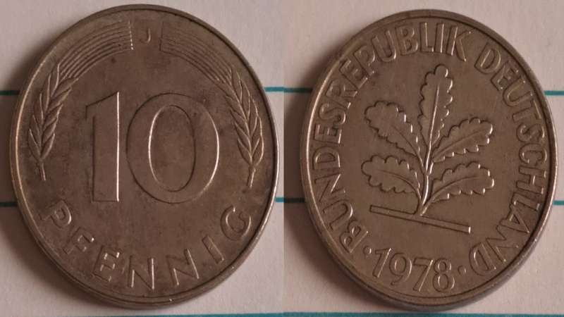 1978 J - Germany (Deutche Bundes Republic) - 10 - Oak seedling - Demonetised Dec 2001 - Brass clad