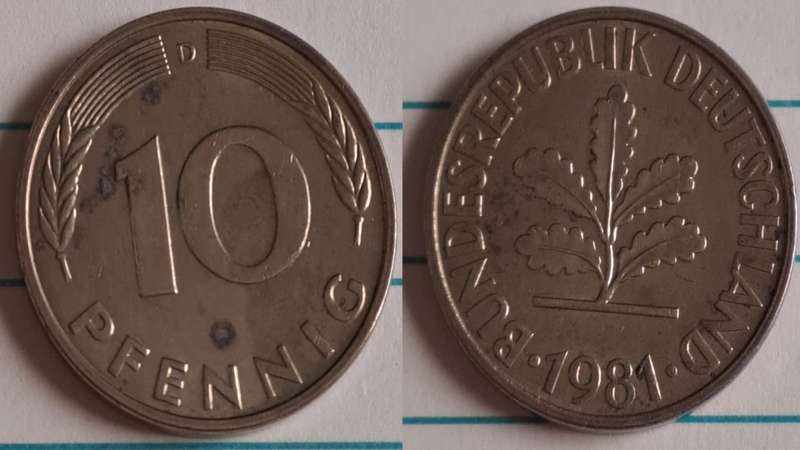1981 D - Germany (Deutche Bundes Republic) - 10 - Oak seedling - Demonetised Dec 2001 - Brass clad