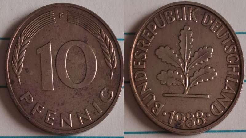 1988 F - Germany (Deutche Bundes Republic) - 10 - Oak seedling - Demonetised Dec 2001 - Brass clad