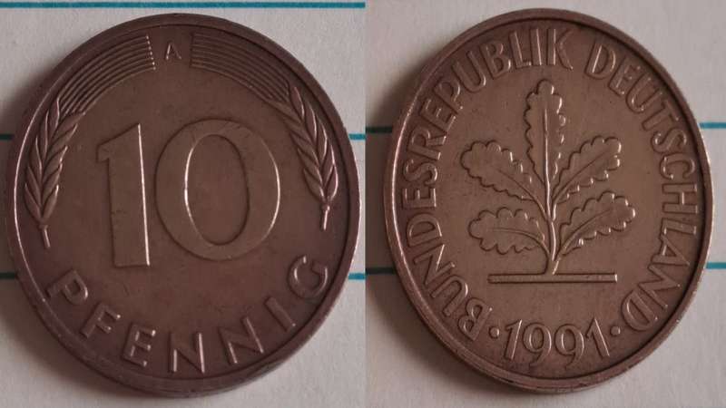 1991 A - Germany (Deutche Bundes Republic) - 10 - Oak seedling - Demonetised Dec 2001 - Brass clad