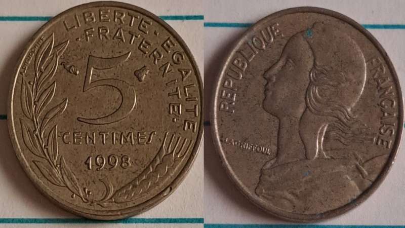 1998 - France - 5 - Marianne - Demonetised Feb 2002 - Copper-aluminium-nickel 