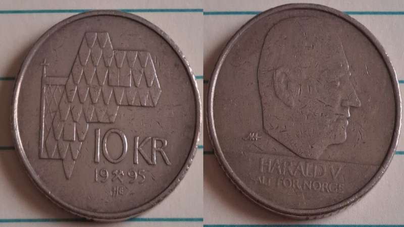 1995 - Norway - 10 - King Harald V - Demonetised - No - Nickel brass