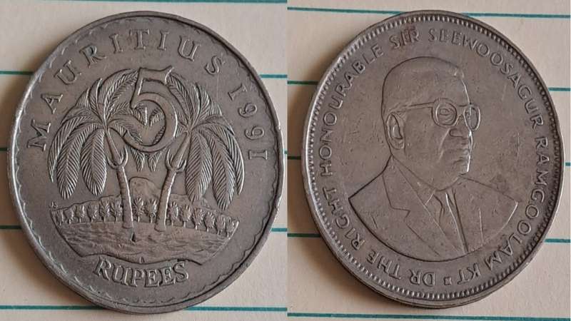 1991 - Mauritius - 5 - Sir Seewoosagur Ramgoolam - Demonetised - No - Copper-nicke