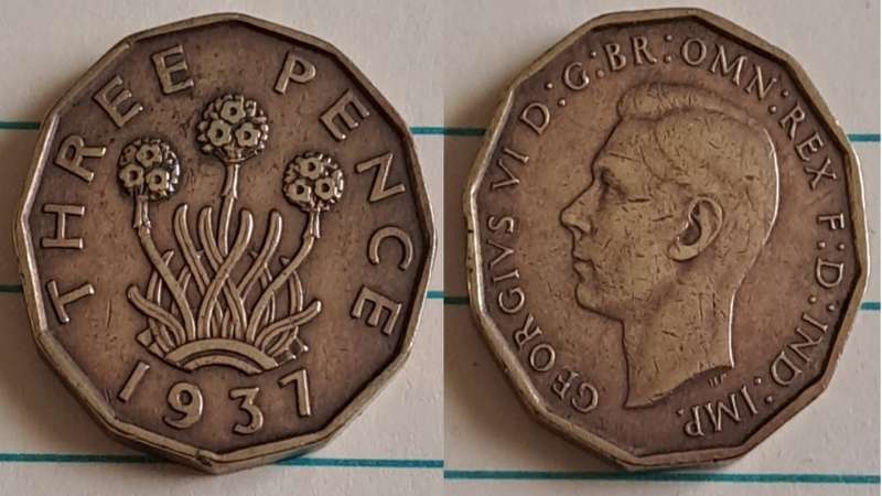 1937 - UK - 3 - King Edward VIII  - Demonetised - Yes - Nickel brass