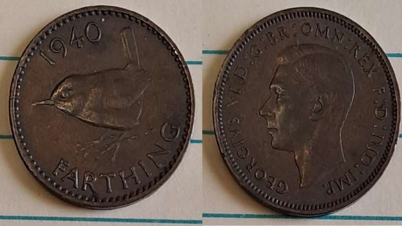 1940 -  UK -  Farthing - Uncrowned portrait of King George VI  -  Demonetised - Dec 1960 -  Bronze