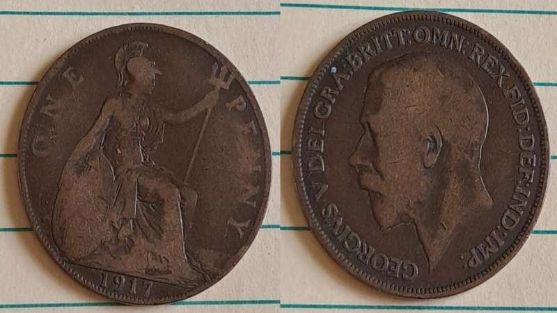 1917 -  UK -  One Penny - King George V - Bronze -  Demonetised Aug 1971