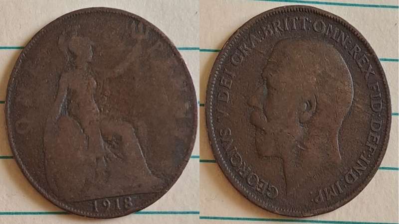 1918 -  UK -  One Penny - King George V - Bronze -  Demonetised Aug 1971