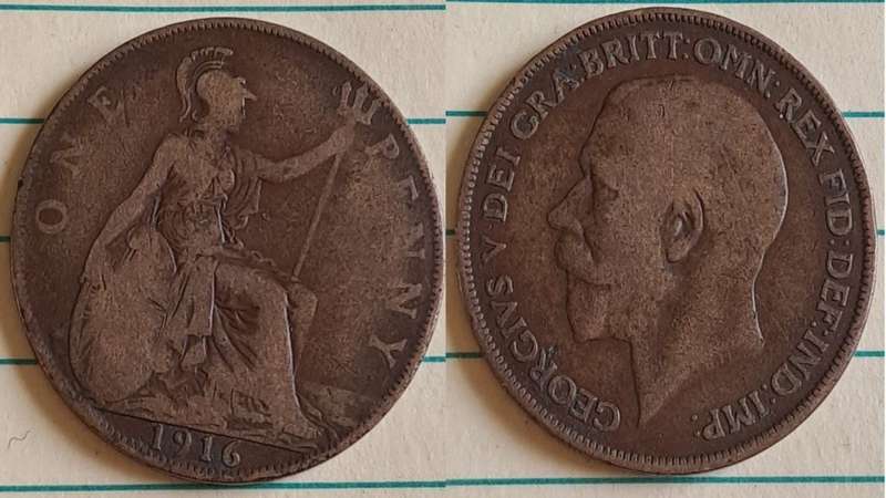 1916 -  UK -  One Penny - King George V - Bronze -  Demonetised Aug 1971
