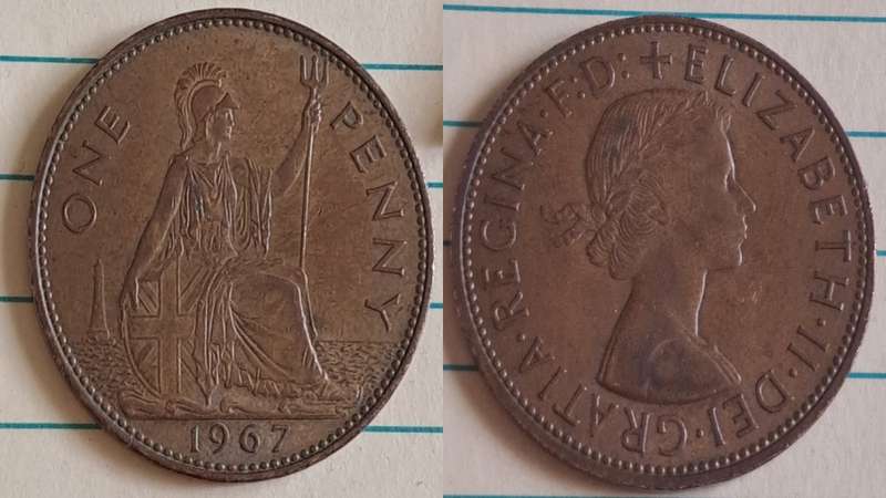 1967 -  UK -  One Penny - Queen Elizabeth II - Bronze -  Demonetised Aug 1971