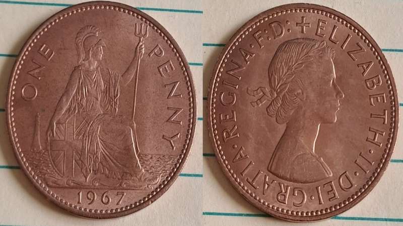 1967 - UK -  One Penny  - AU/NC- Queen Elizabeth II -  Demonetised Aug 1971 -  Bronze