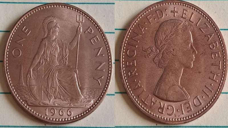 1966 - UK -  One Penny  - AU/NC- Queen Elizabeth II -  Demonetised Aug 1971 -  Bronze