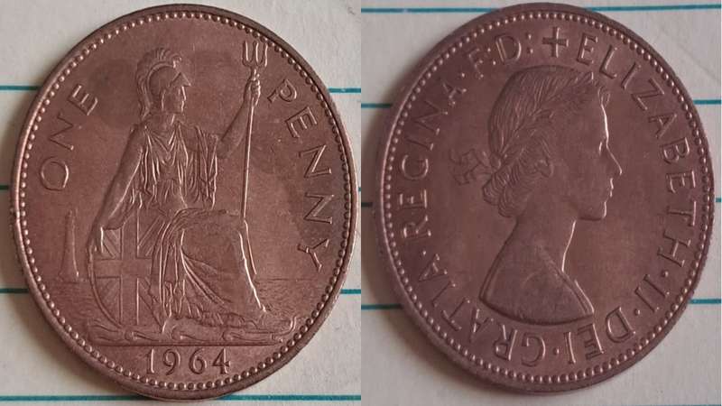 1964 - UK -  One Penny  - AU/NC- Queen Elizabeth II -  Demonetised Aug 1971 -  Bronze