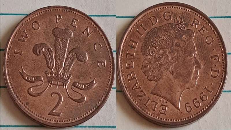 1999 - UK -  Two Pence  - AU/NC- Queen Elizabeth II -  Demonetised - No -  Copper plated steel