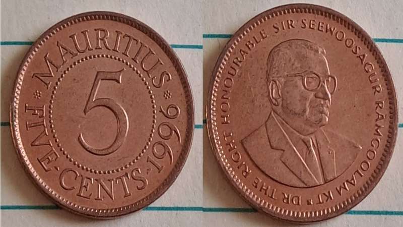 1996 - Mauritius -  5 Cents  - Sir Seewoosagur Ramgoolam -  Demonetised - No- Copper-Nickel