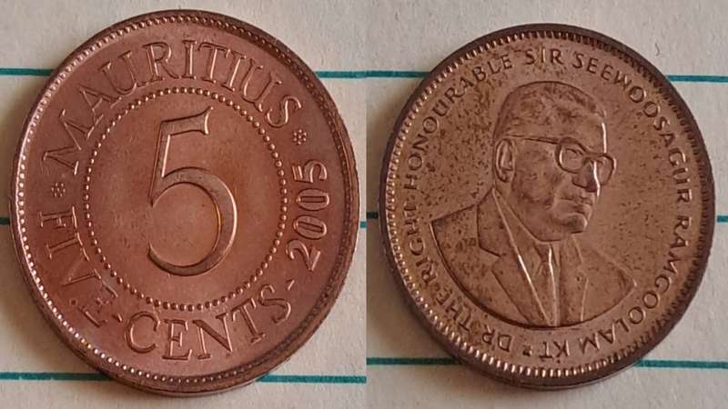2005 - Mauritius -  5 Cents  - Sir Seewoosagur Ramgoolam -  Demonetised - No- Copper-Nickel