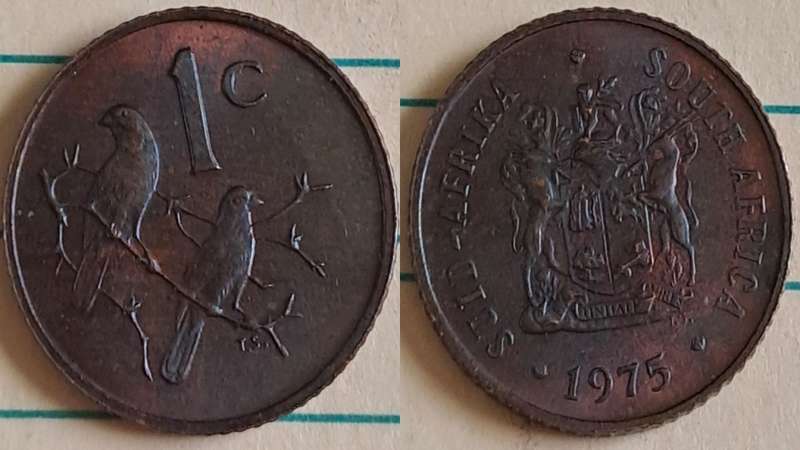 1975 - SA -  1 - AU/NC- Coat of Arms/Two Cape sparrows - Bronze