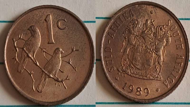 1989 - SA -  1 - AU/NC- Coat of Arms/Two Cape sparrows - Bronze