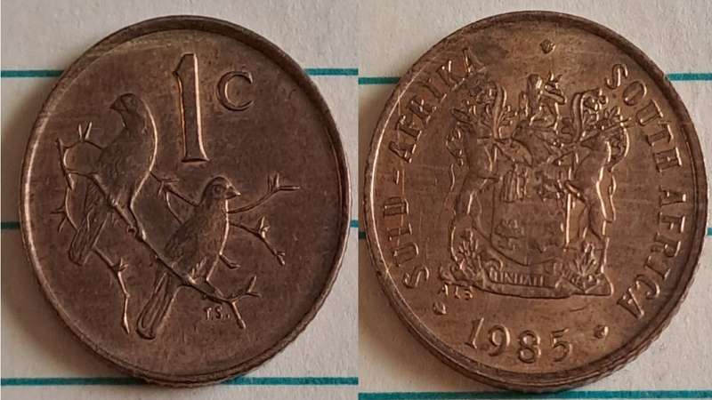 1985 - SA -  1 - AU/NC- Coat of Arms/Two Cape sparrows - Bronze
