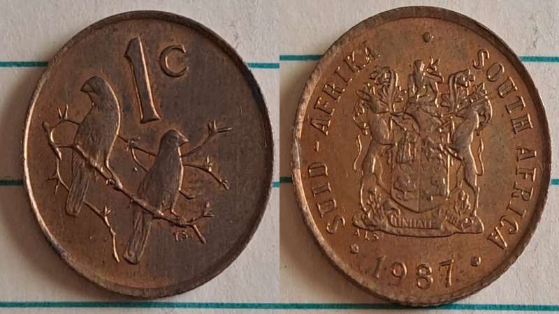 1987 - SA -  1 - AU/NC- Coat of Arms/Two Cape sparrows - Bronze
