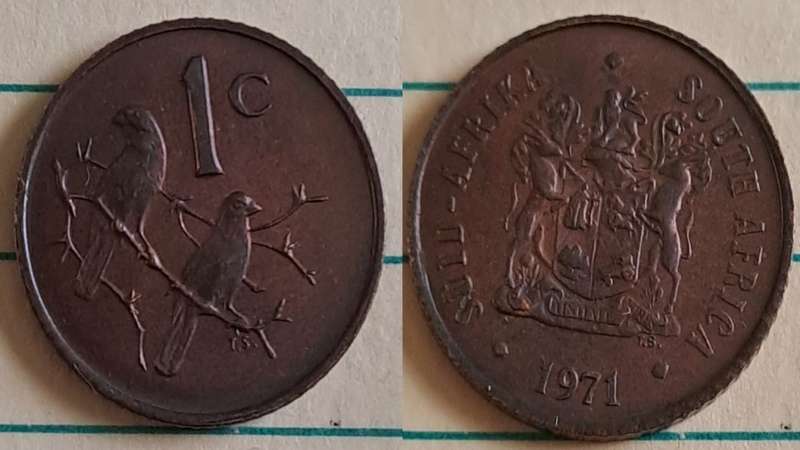 1971 - SA -  1 - AU/NC- Coat of Arms/Two Cape sparrows - Bronze