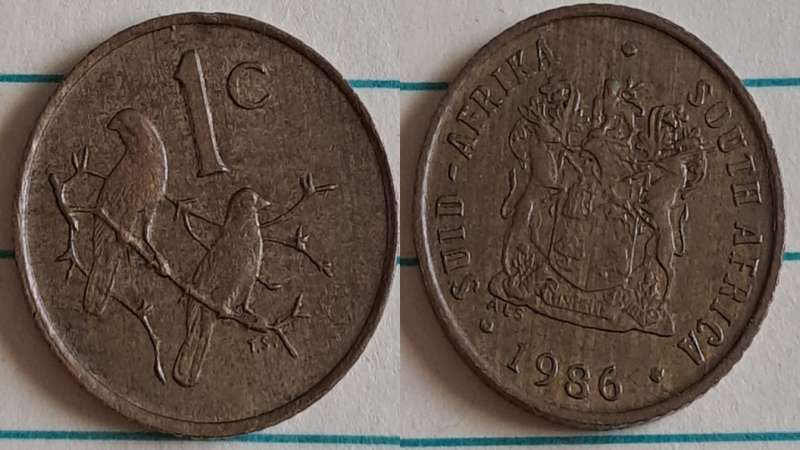 1986 - SA -  1 - AU/NC- Coat of Arms/Two Cape sparrows - Bronze