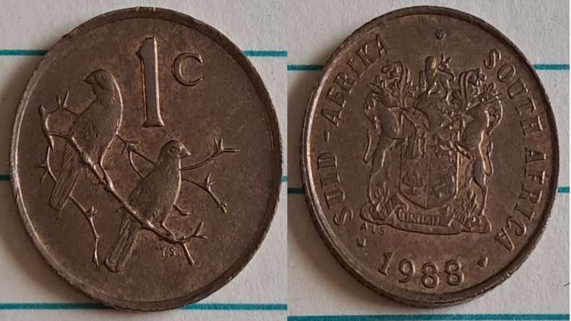 1988 - SA -  1 - AU/NC- Coat of Arms/Two Cape sparrows - Bronze