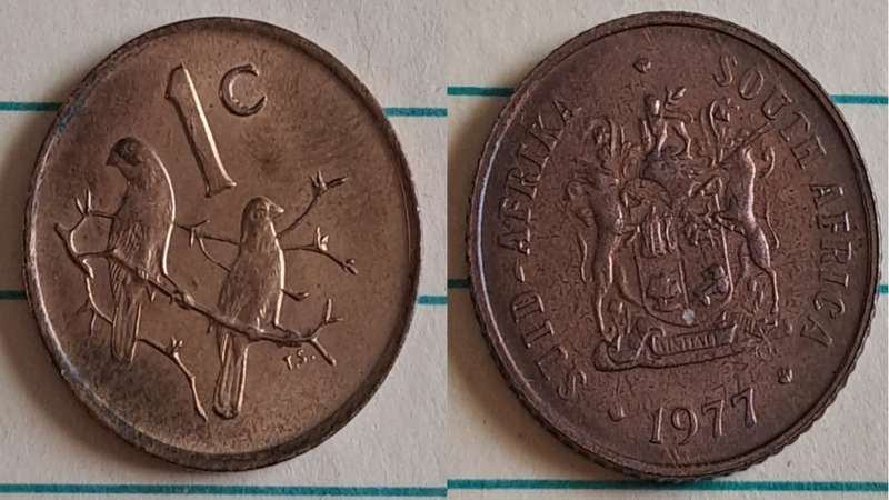 1977 - SA -  1 - AU/NC- Coat of Arms/Two Cape sparrows - Bronze