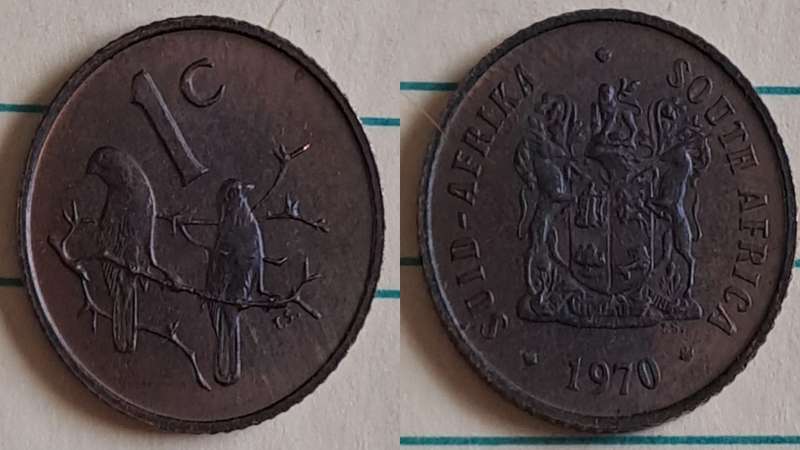 1970 - SA -  1 - AU/NC- Coat of Arms/Two Cape sparrows - Bronze