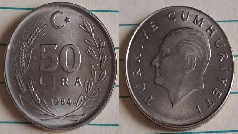 1984 - Turkey - 50 Lira - AU/NC- Head of Atatürk - Demonetised - Yes - Nickel Brass