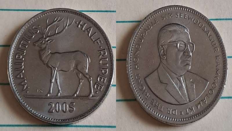 2005 - Mauritius - Half Rupee - AU/NC- Sir Seewoosagur Ramgoola  - Demonetised - No - Nickel plated