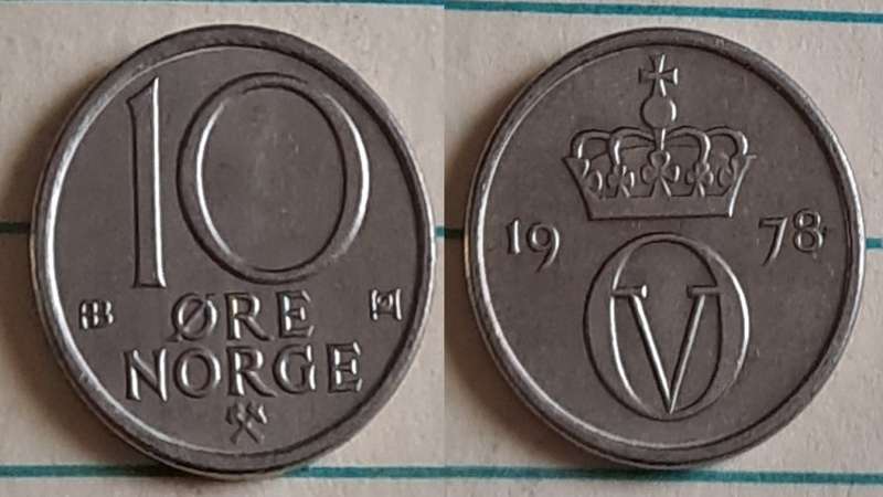 1978 - Norway - 10 Øre - AU/NC - Olav V  - Demonetised Jan 1993 - Copper-nickel