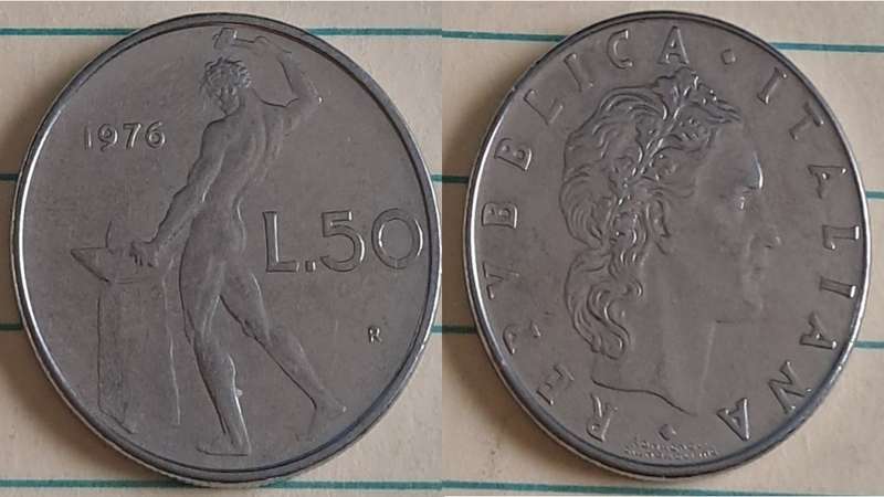 1976 - Italy -  L.50  - AU/NC-  Representation of the god Vulcan -  Demonetised Feb 2002 - Acmonita