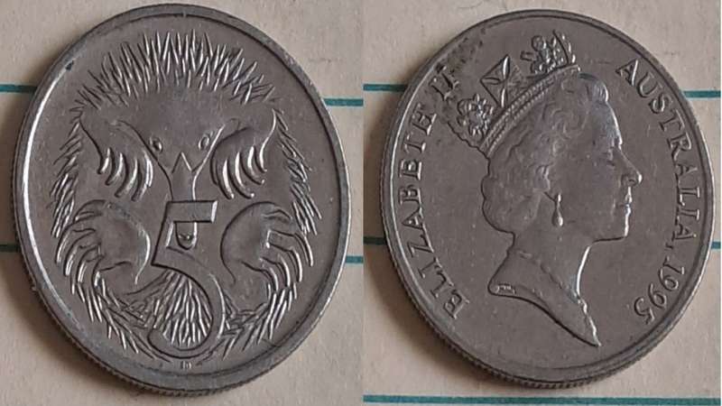 1995 - Australia - 5 - Spiny Anteater - Demonetised - No  - Copper-nickel