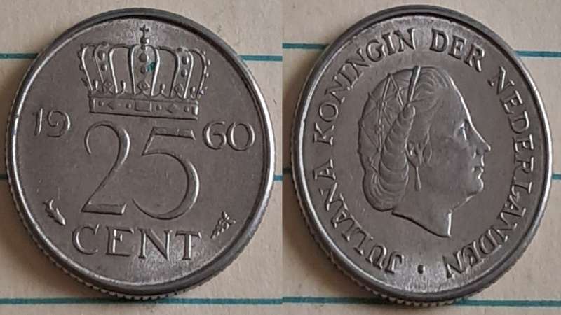 1960 - Nederland -  25 c - AU/NC- Queen Juliana - Demonetised Feb 2002 - Nickel