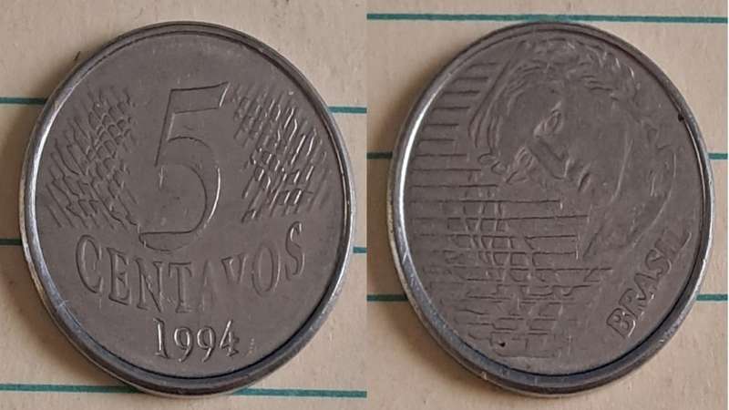1994 - Brasil -  5 - AU/NC -  Effigy of the Republic - Demonetised - No - Stainless steel