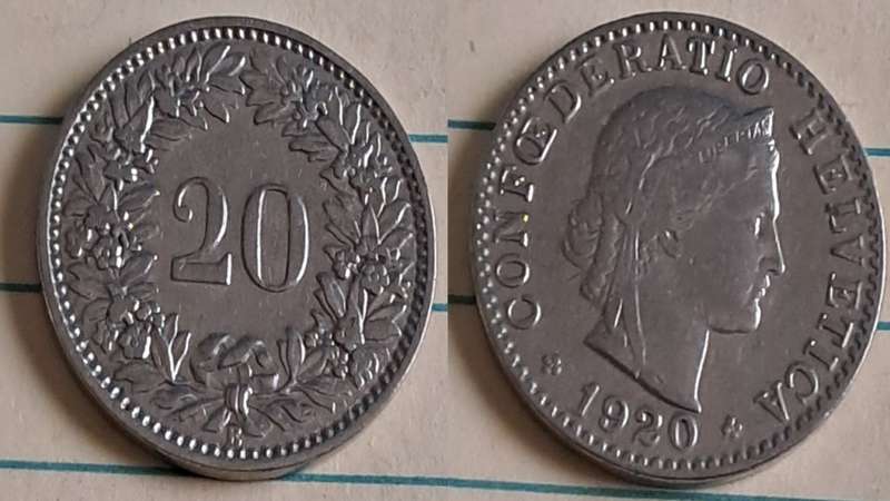 1920 - Switzerland - 20 - AU/NC - Head of Libertas  - Demonetised Jan 2004 - Nickel