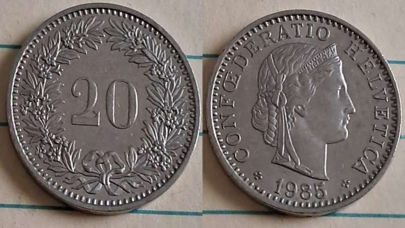 1985 - Switzerland - 20 - AU/NC - Head of Libertas  - Demonetised Jan 2004 - Nickel