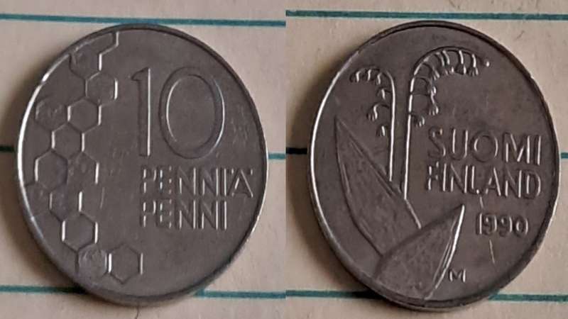 1990 - Suomi Finland -  10 - AU/NC - Lily of the Valley  - Demonetised Feb 2002 - Copper-nickel