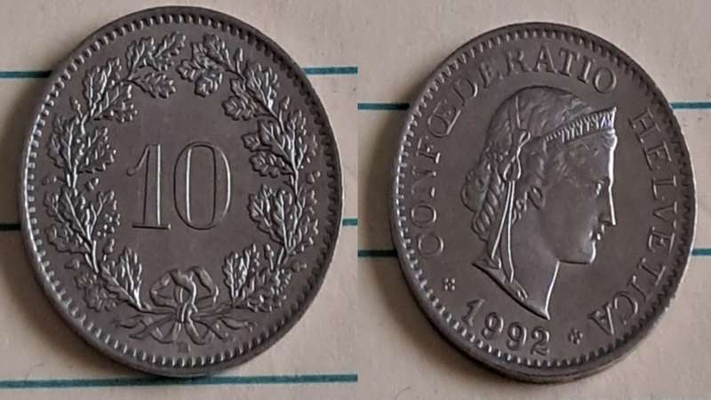 1992 - Switzerland - 10 - AU/NC - Head of Libertas  - Demonetised - No - Copper-nickel